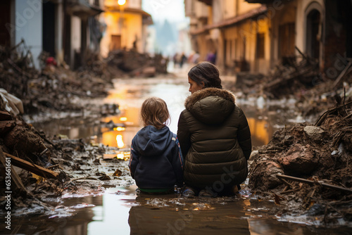 Sad mother and child looking the flooded city - Generative AI photo