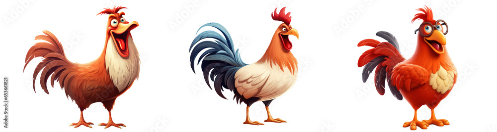 Fototapeta premium a funny smiling rooster, cartoon, set, isolated
