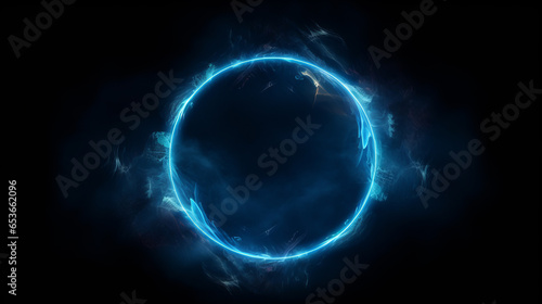 Round mystical neon blue color geometric circle on a dark background photo