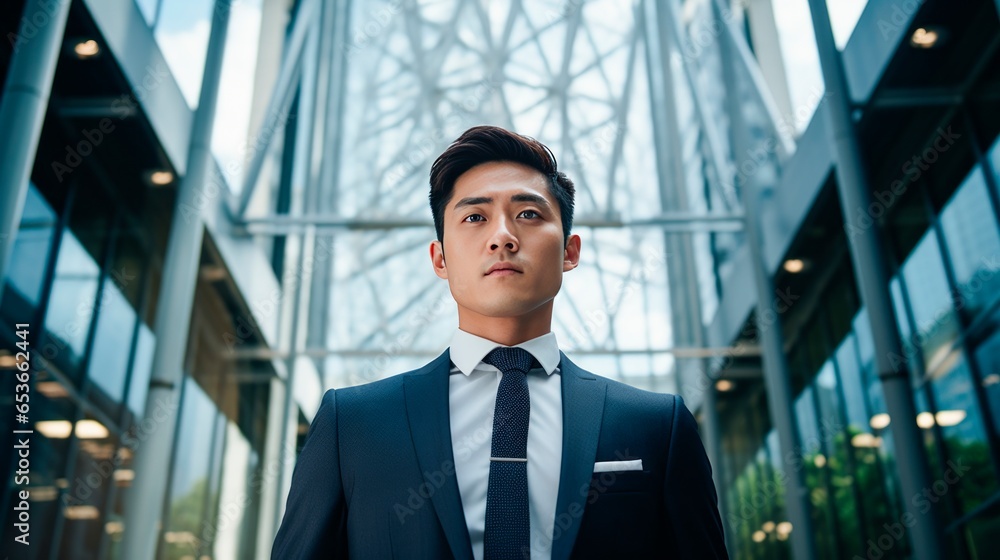 Fototapeta premium a asian businessman smiling outside of office building