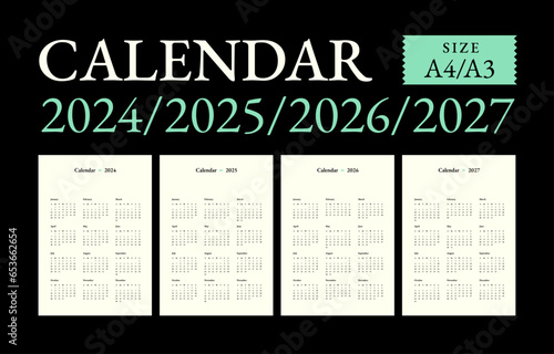 Classic monthly calendar and note for 2024, 2025, 2026, 2027, the week starts on Sunday, A4-A3 size.