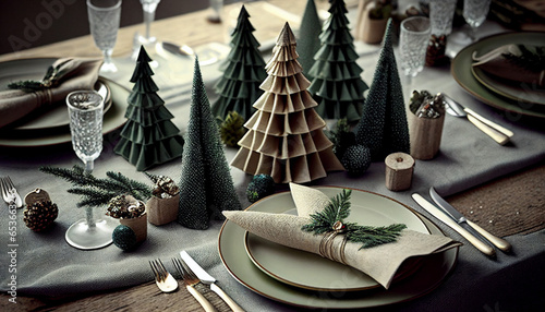 Tischdeko Weihnachten weihnachtlich festlich geschmückter Tisch mit Weihnachtsessen Generative AI  photo