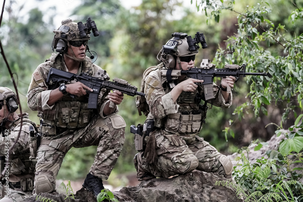 Military army soldiers tactical team, commando group moving cautiously ...