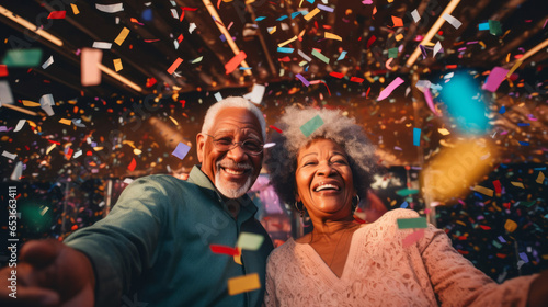 Happy senior couple celebrating birthday and in retirement with confetti and fun.