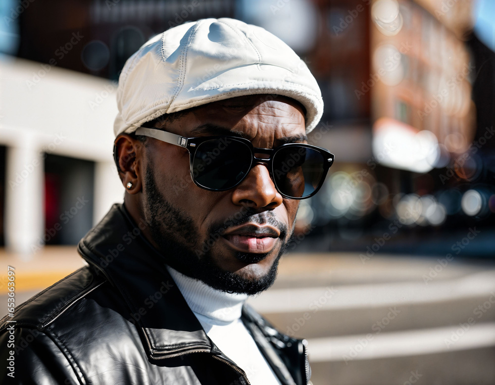 photo of black african man with white turtle neck ,black sunglasses, black leather jacket and white cowboy hat, generative AI photo of black african man with white turtle neck ,black sunglasses, black leather jacket and white cowboy hat, generative AI