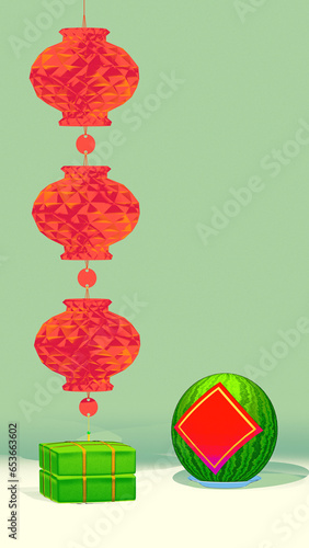 Illustration of a Tet Nguyen Dan (Lunar New Year) decoration ensemble, featuring square sticky rice cakes (banh chung), watermelon and  folded ornamental paper lanterns, pastel green backgound