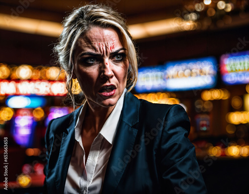 photo of angry and upset gambler woman in casino, generative AI