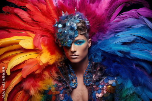 Portrait of young LGBTQ+ man enjoying carnival party. Queer person with fantasy makeup and colorful feathers in the Brazilian carnival parade.