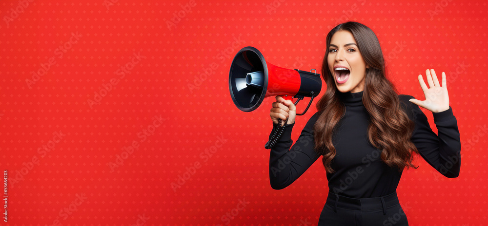 Happy woman announcing Black Friday offers through megaphone on a red background with copy space. Promotional marketing discount and online shopping concept - obrazy, fototapety, plakaty 