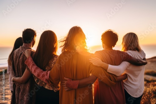 friendship gathering between men and women under the sunset generative ai
