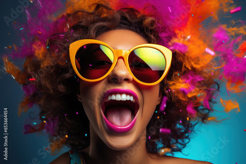 happy woman, big sunglasses, extreme closeup shot, colorful