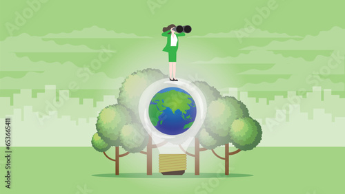 Vision businesswoman uses binoculars on the world light bulb. ESG policy, plant a tree, Net zero carbon footprint emission, Sustainability and an idea of Environmental Sustainable Development concept.