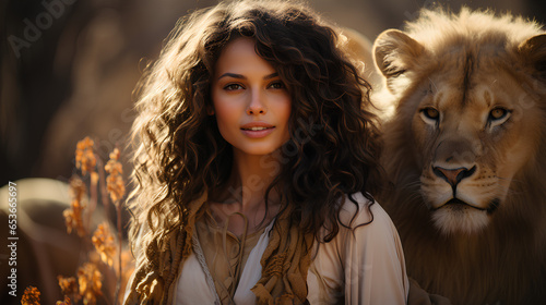 Portrait of a beautiful girl with a lion in the background.