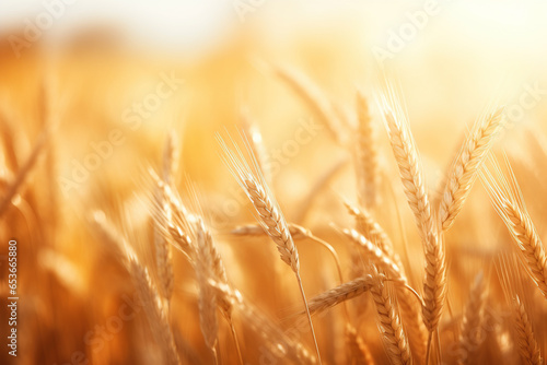 Saisonal wheat field in luminous golden colors. Close-up with short depth of field and abstract bokeh photo