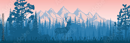 Mountain landscape, deer in the forest against the backdrop of mountain peaks, panoramic view, vector illustration