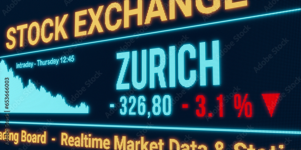 Zurich, stock market moving down. Negative stock exchange data, falling chart on the screen. Red percentage sign, loss and investment. 3D illustration
