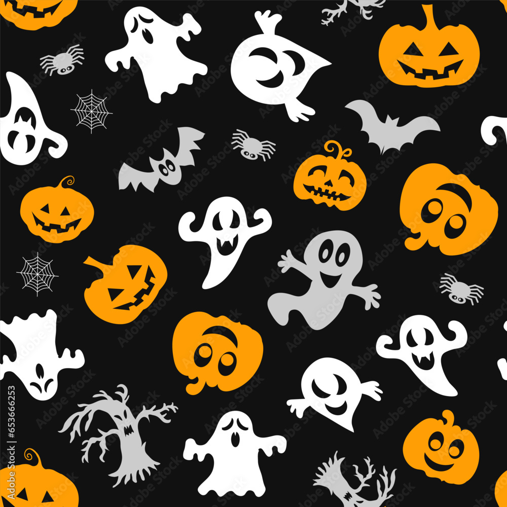 Fototapeta premium Halloween vector set. Pumpkin, bat, ghost. Simple seamless pattern