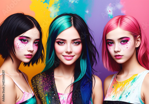 Fashion portrait of group of beautiful young woman with colorful hairstyle and makeup. Generative AI.
