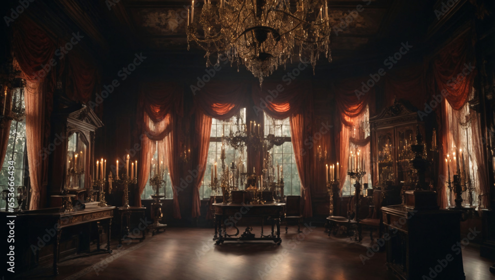 Halloween-themed, Haunted Mansion Interior: A spooky backdrop featuring the interior of a haunted mansion, complete with cobwebs, candelabras, and eerie decor, generative Ai