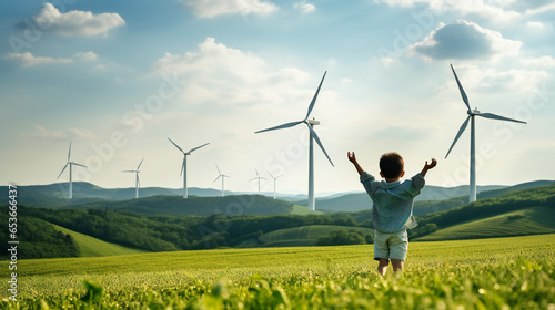 Progressive young asian boy playing with wind pinwheel toy in the wind turbine farm, green field over the hill. Green energy from renewable electric wind generator. Windmill in the countryside photo