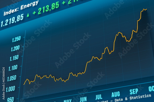 Energy index moving up. Stock market data, stocks, growth, progress, positive percentage changes on a screen. Stock exchange, business and trading. Energy stocks concept, illustration.