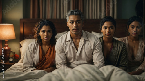 In a warmly lit room, smiling young three woman living in a Polyamorous relationship with one men gather on a sumptuous bed. Concept modern partnership love. Generative AI