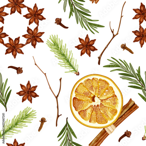 Christmas seamless pattern with dried orange, cinnamon, anise, fir branches, rosemary and cloves.