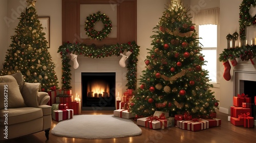 interior christmas. magic glowing tree, fireplace, gifts in the dark