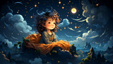 The adorable baby peacefully rests on a cloud under the enchanting moonlight