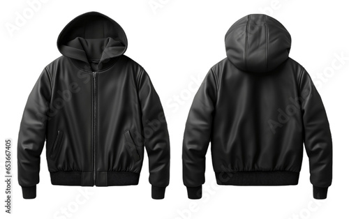 Front and Black View of Black Jacket Isolated on a Transparent Background PNG. photo