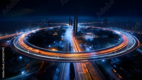 Electron of Traffic circle light tail that show it is a life build of infrastructure road and economic system transportation and communication
