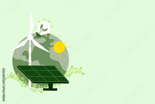 Earth with symbols of alternative energy painted on green backdrop