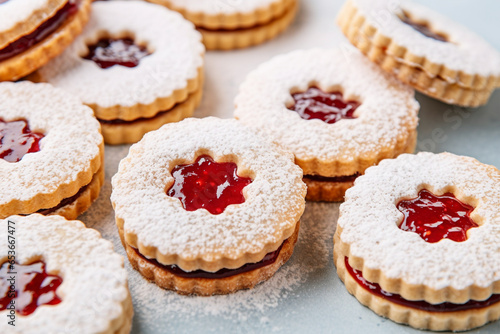 Austrian or German Linzer cookies with shortcrust pastry and jam filling photo