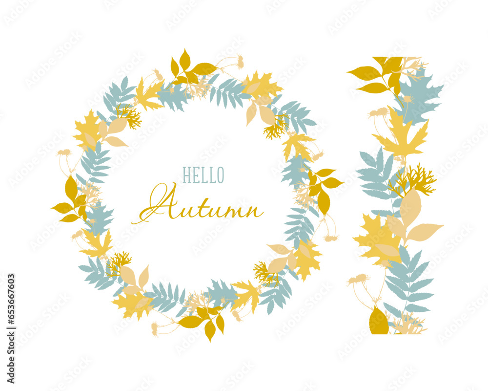 Brush seamless pattern with leaves and wreath of autumn leaves with Hello Autumn, isolated, on white background. Vector illustration