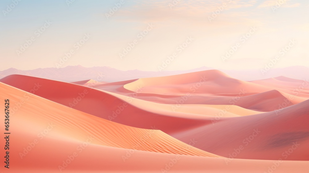 Pale orange dunes and light pink sky. Desert dunes landscape with contrast skies. Minimal abstract background. Mountains in the distance.