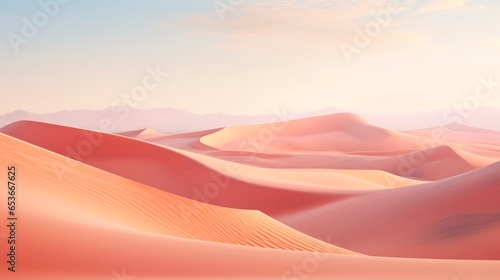Pale orange dunes and light pink sky. Desert dunes landscape with contrast skies. Minimal abstract background. Mountains in the distance.