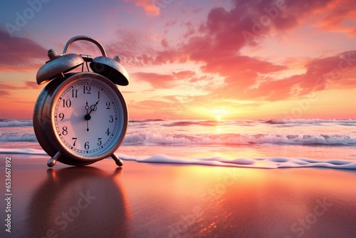 a peaceful scene of an alarm clock placed on a serene beach. Generative AI