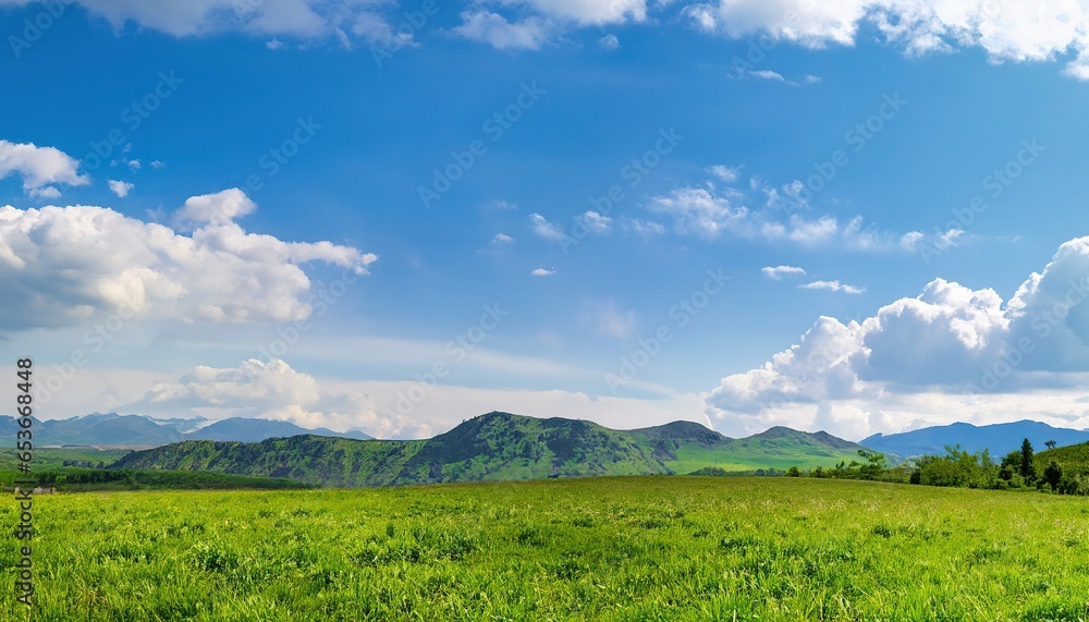 landscape with large green field mountains and blue sky, white cloud
