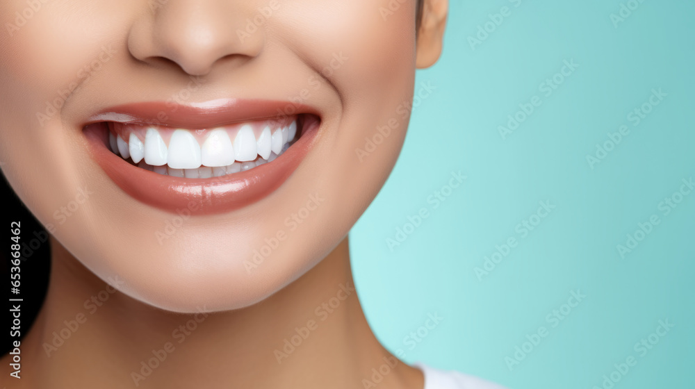 Fototapeta premium Closeup of woman with a beautiful smile for dental care against a blue background