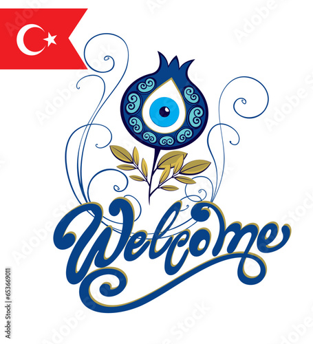 Welcome to Turkey. Hand lettering. Vector logo of Turkey eye symbol like a flower