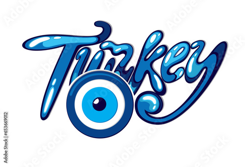 A logo for Turkey with blue evil eye, Turkish nazar symbol. Greek charm or amulet, vector image
