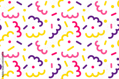 Creative cute squiggle print with colored abstract squiggles. Seamless pattern with doodles. design with basic shapes. Simple bright childish color scribble wallpaper print. Simple party confetti