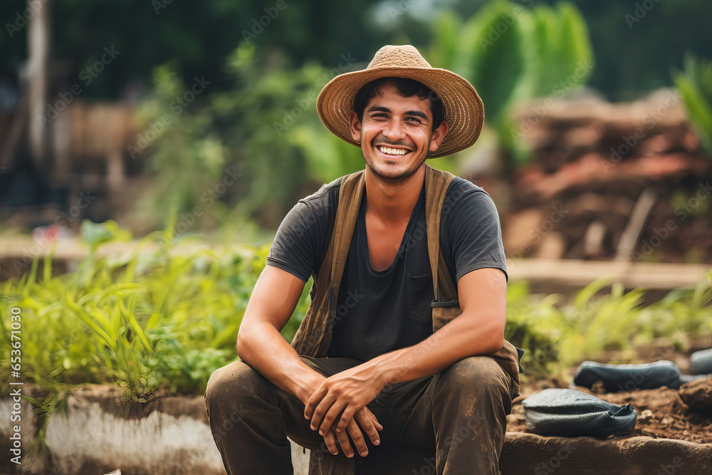 Portrait of a happy farmer sitting in farm