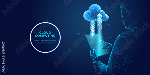 Abstract businessman holds a tablet with a cloud computing icon network. Cloud technology, data transfer, and online data storage. Digital low poly wireframe vector illustration in futuristic style. 