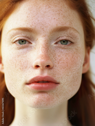 Portrait of a young natural redhead woman with freckles and a fresh, no-makeup look.