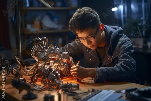 Side view of young man working with robot while sitting at the table, Innovative technologies.