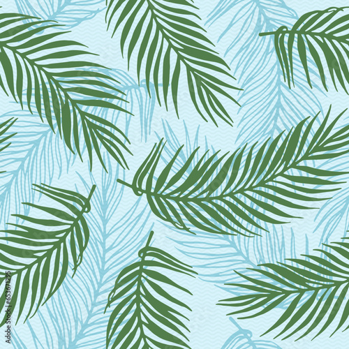 Repeat jungle palm leaves vector pattern. Floral design over waves texture