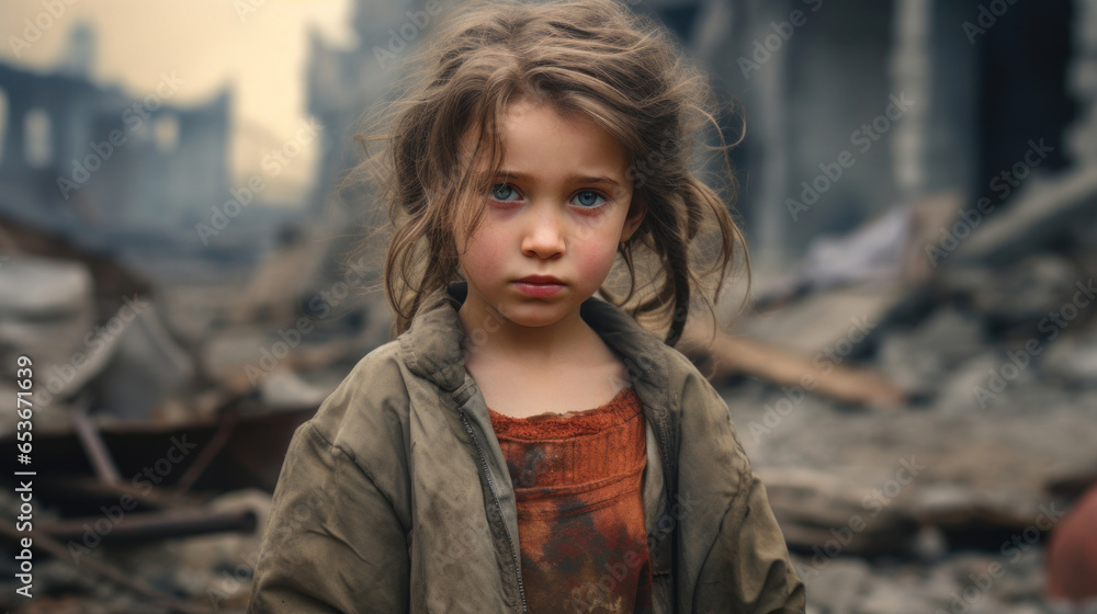 Portrait of a little girl against the backdrop of a bombed city