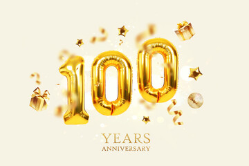 Gold Balloons 100 with golden gifts, confetti, stars and a mirrored balloon on a beige background with sparkles and bokeh lights. One hundred years Anniversary, creative idea. Luxury Card