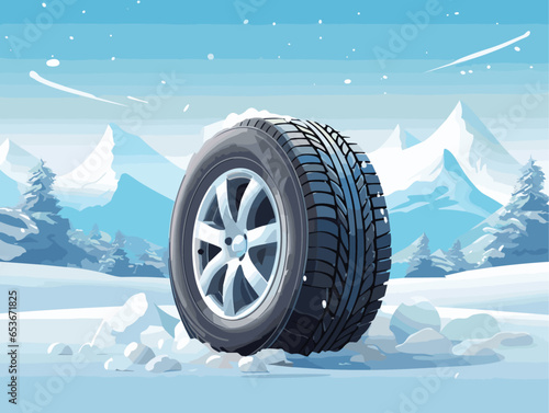 Advertising poster about tires. Winter road. Winter landscape. Landscape banner, digital print, flyer, booklet, brochure web design.
